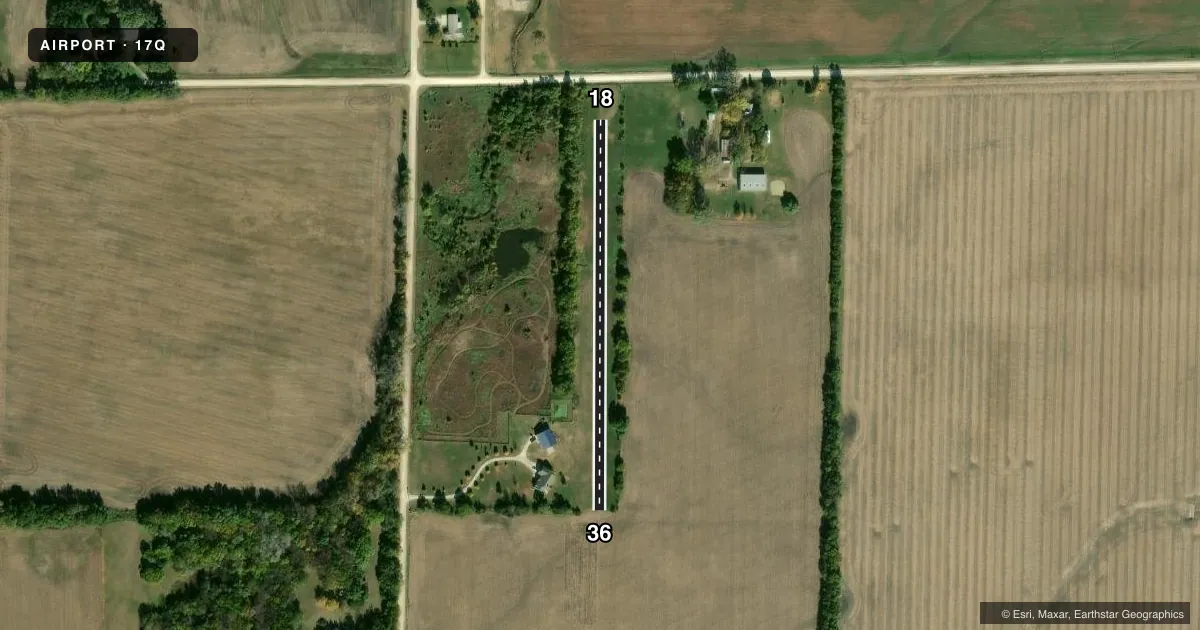 Top-down satellite sketch of 17Q HIEBERT AIRFIELD in GOESSEL, KANSAS, showing runways 18/36 drawn to scale over Esri World Imagery