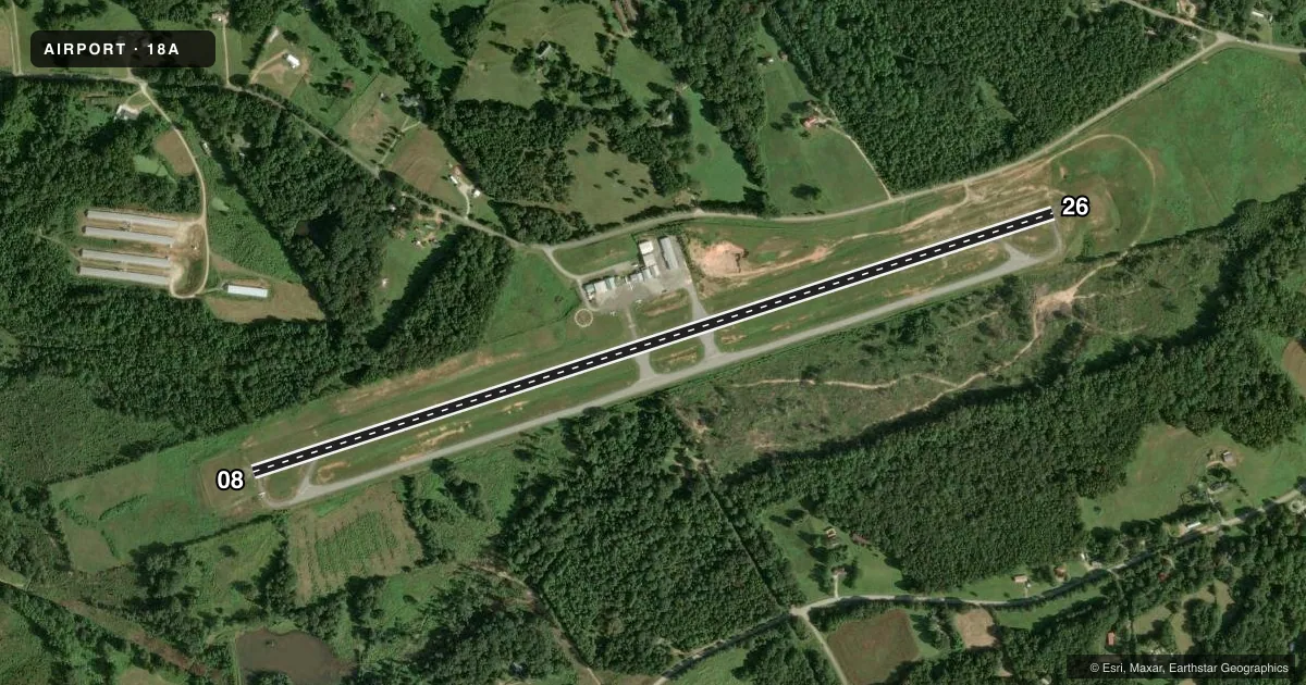 Top-down satellite sketch of 18A FRANKLIN-HART in CANON, GEORGIA, showing runways 08/26 drawn to scale over Esri World Imagery