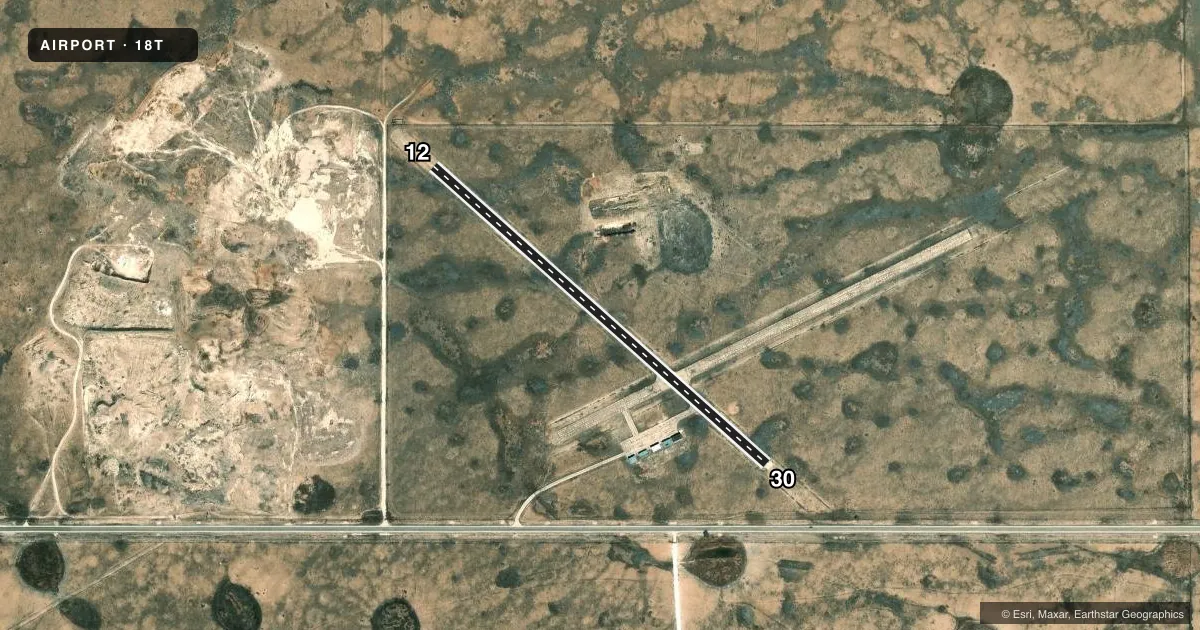 Top-down satellite sketch of 18T TATUM in TATUM, NEW MEXICO, showing runways 12/30 drawn to scale over Esri World Imagery