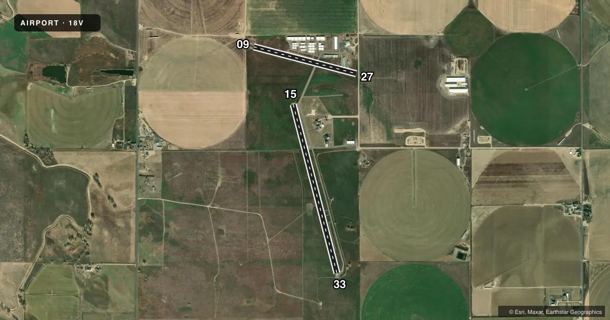 Top-down satellite sketch of 18V PLATTE VALLEY AIRPARK in HUDSON, COLORADO, showing runways 15/33, 09/27 drawn to scale over Esri World Imagery