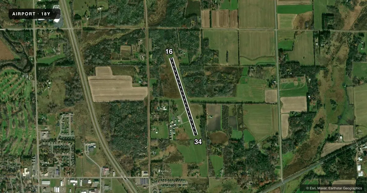 Top-down satellite sketch of 18Y MILACA MUNI in MILACA, MINNESOTA, showing runways 16/34 drawn to scale over Esri World Imagery