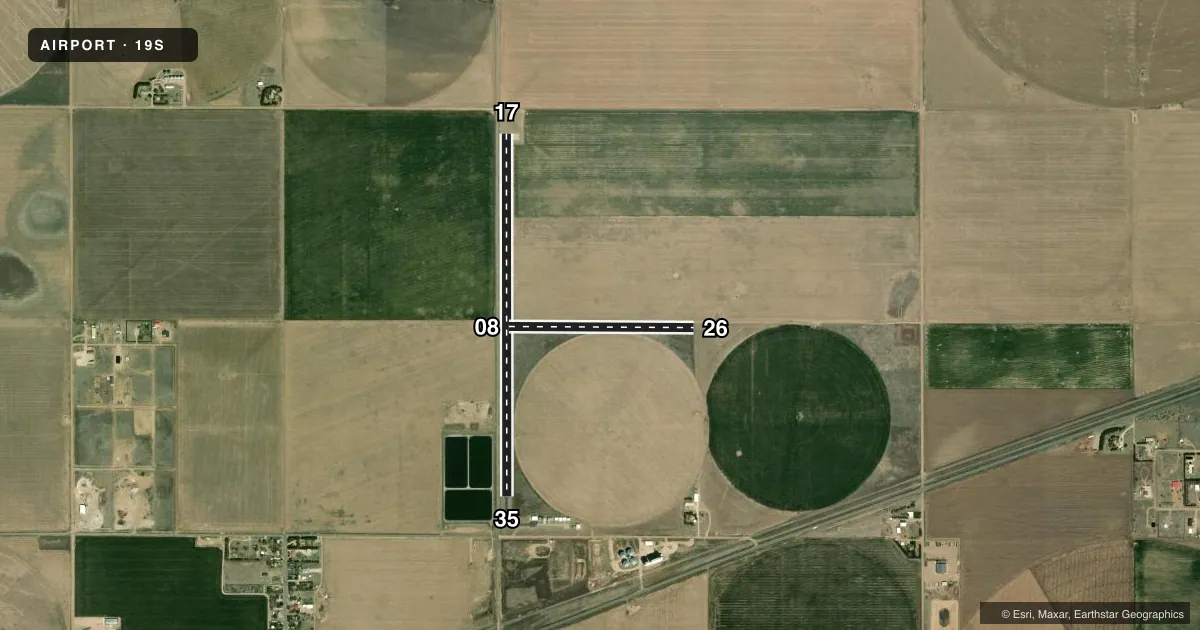 Top-down satellite sketch of 19S SUBLETTE MUNI in SUBLETTE, KANSAS, showing runways 17/35, 08/26 drawn to scale over Esri World Imagery