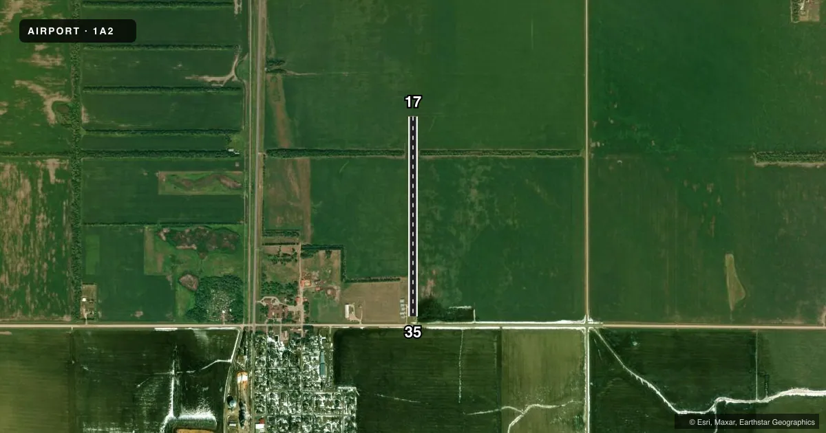 Top-down satellite sketch of 1A2 ARTHUR in ARTHUR, NORTH DAKOTA, showing runways 17/35 drawn to scale over Esri World Imagery