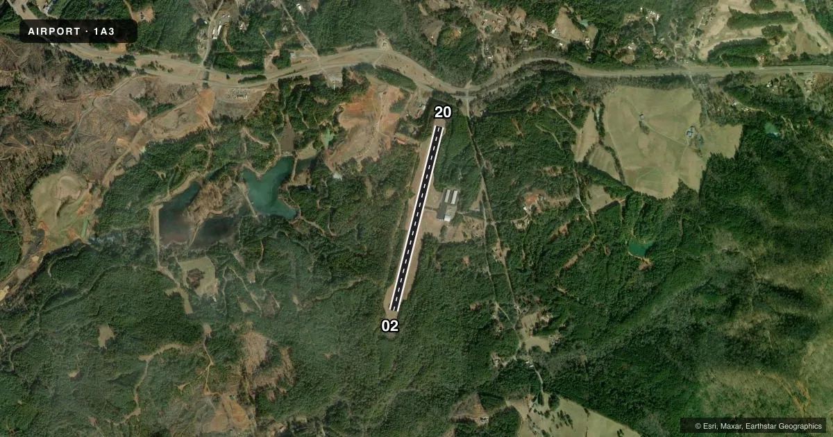 Top-down satellite sketch of 1A3 MARTIN CAMPBELL FLD in COPPERHILL, TENNESSEE, showing runways 02/20 drawn to scale over Esri World Imagery