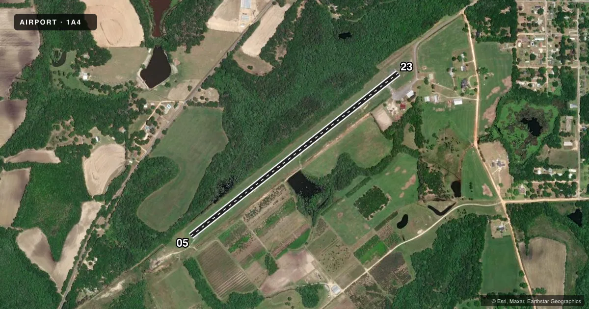 Top-down satellite sketch of 1A4 LOGAN FLD in SAMSON, ALABAMA, showing runways 05/23 drawn to scale over Esri World Imagery