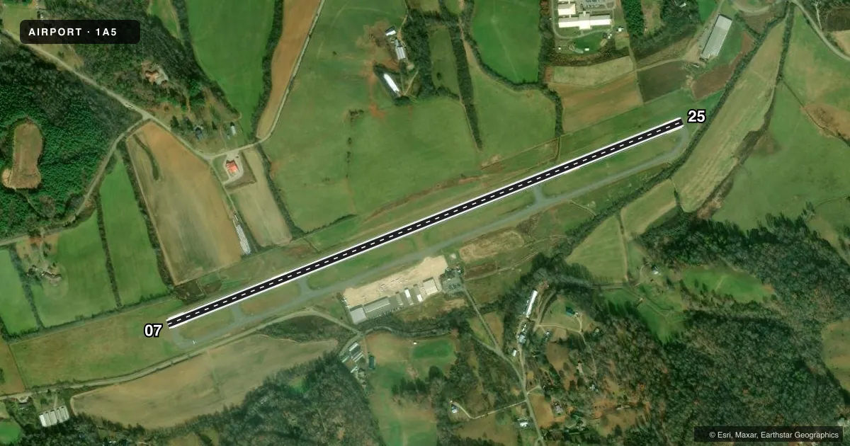 Top-down satellite sketch of 1A5 MACON COUNTY in FRANKLIN, NORTH CAROLINA, showing runways 07/25 drawn to scale over Esri World Imagery