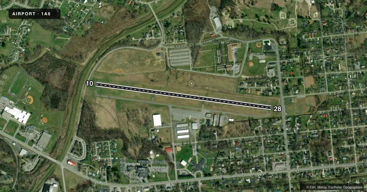 Top-down satellite sketch of 1A6 MIDDLESBORO/BELL COUNTY in MIDDLESBORO, KENTUCKY, showing runways 10/28 drawn to scale over Esri World Imagery