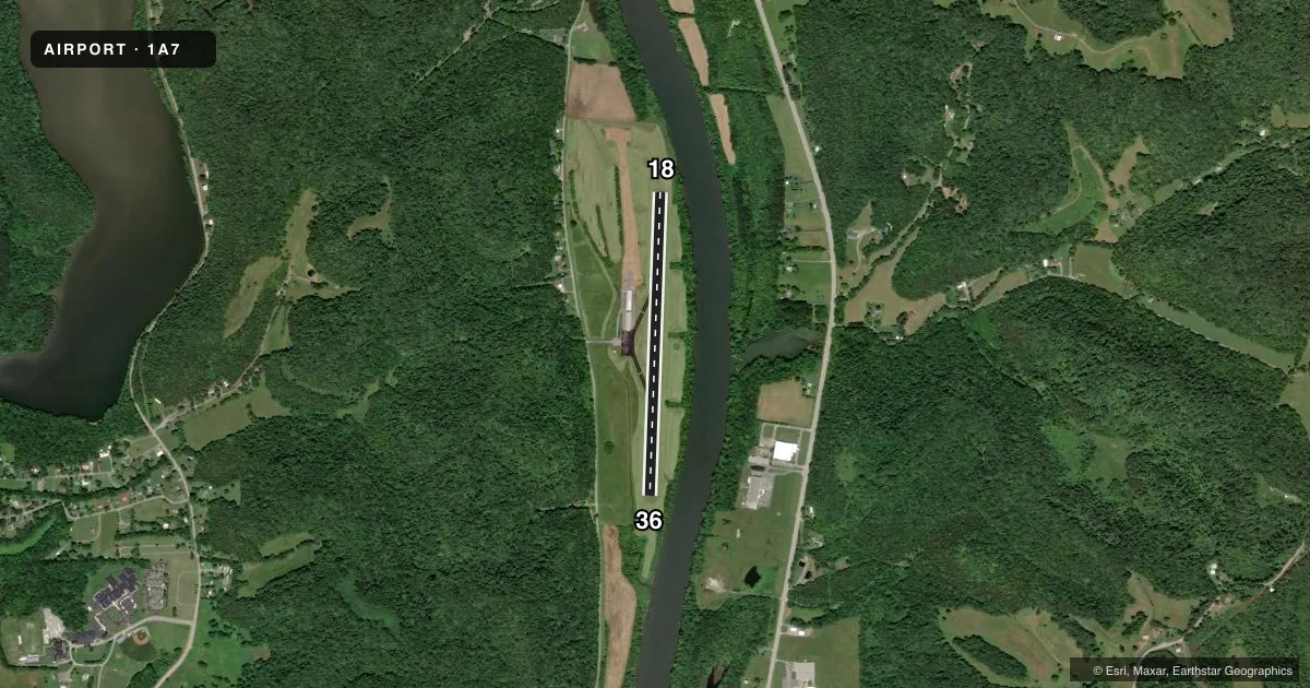 Top-down satellite sketch of 1A7 JACKSON COUNTY in GAINESBORO, TENNESSEE, showing runways 18/36 drawn to scale over Esri World Imagery