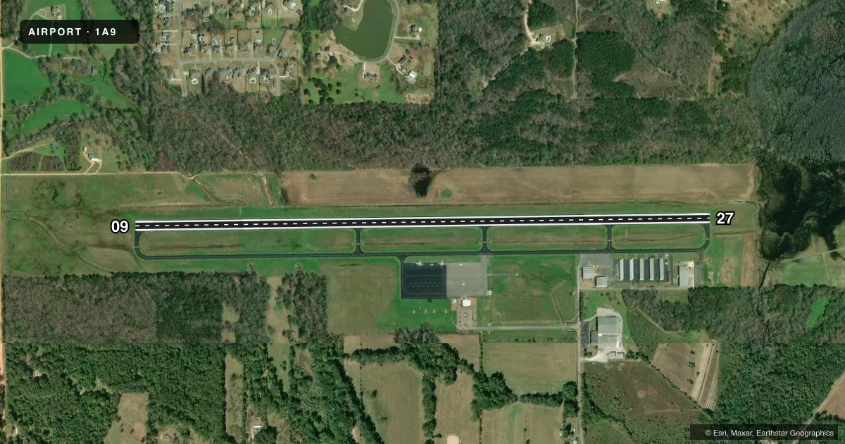 Top-down satellite sketch of 1A9 PRATTVILLE/GROUBY FLD in PRATTVILLE, ALABAMA, showing runways 09/27 drawn to scale over Esri World Imagery