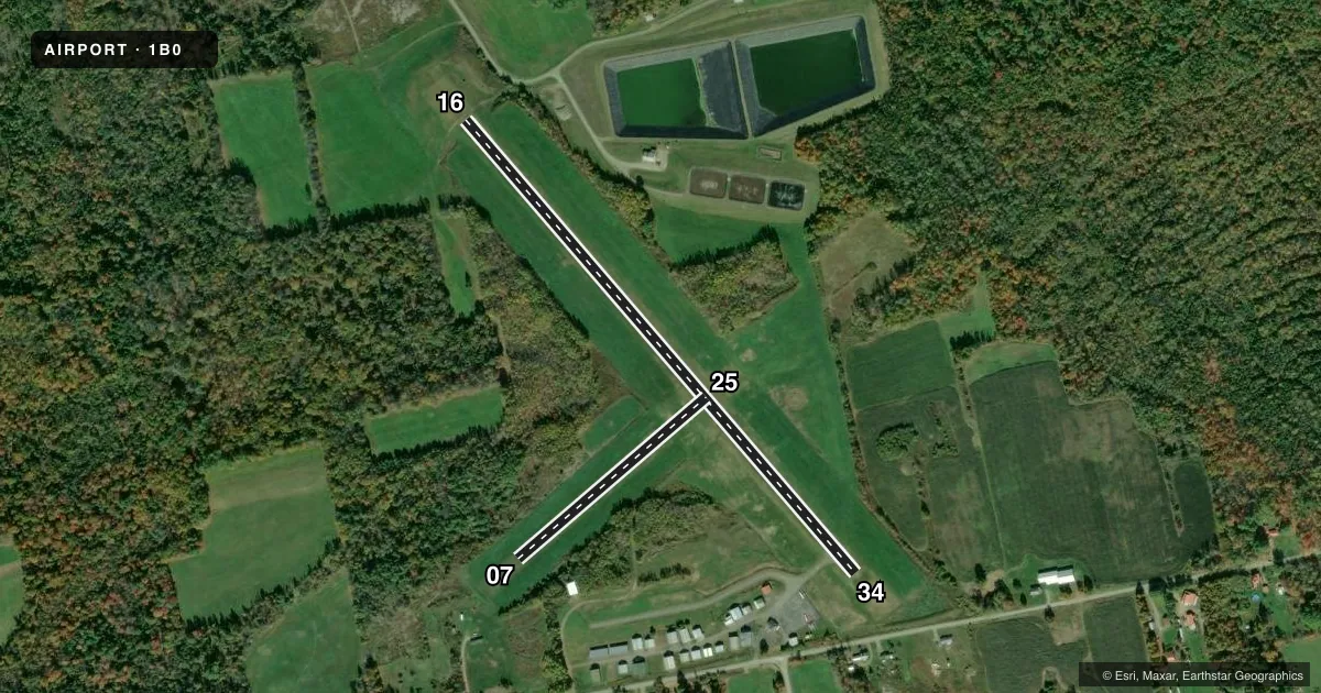 Top-down satellite sketch of 1B0 DEXTER RGNL in DEXTER, MAINE, showing runways 16/34, 07/25 drawn to scale over Esri World Imagery