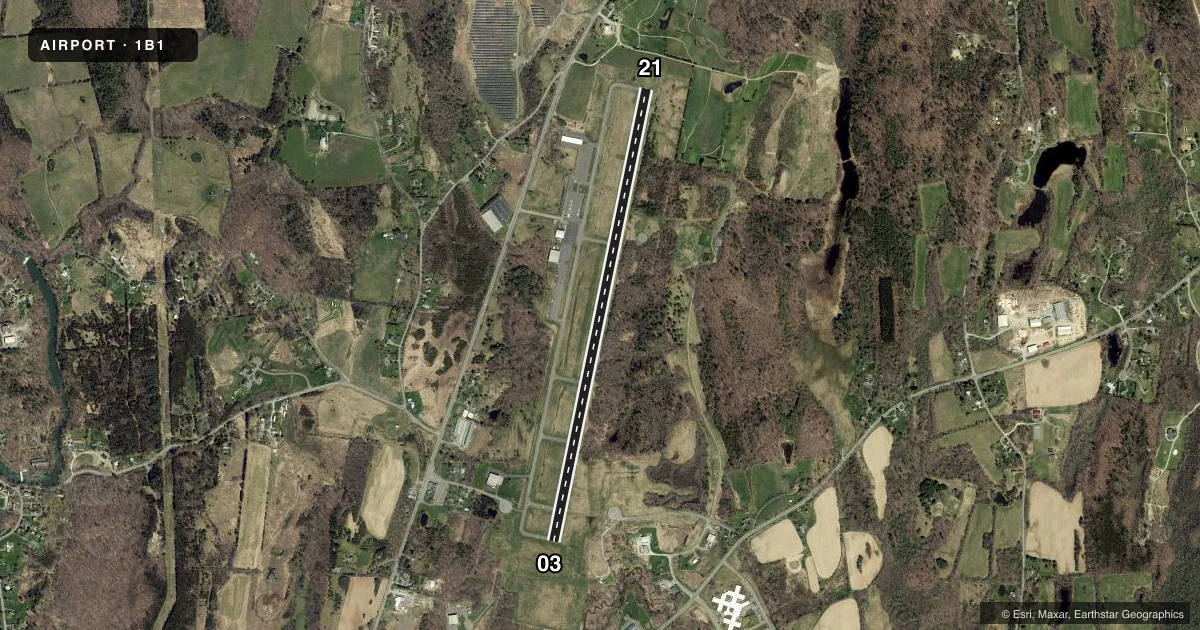 Top-down satellite sketch of 1B1 COLUMBIA COUNTY in HUDSON, NEW YORK, showing runways 03/21 drawn to scale over Esri World Imagery