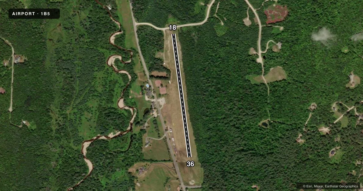 Top-down satellite sketch of 1B5 FRANCONIA in FRANCONIA, NEW HAMPSHIRE, showing runways 18/36 drawn to scale over Esri World Imagery