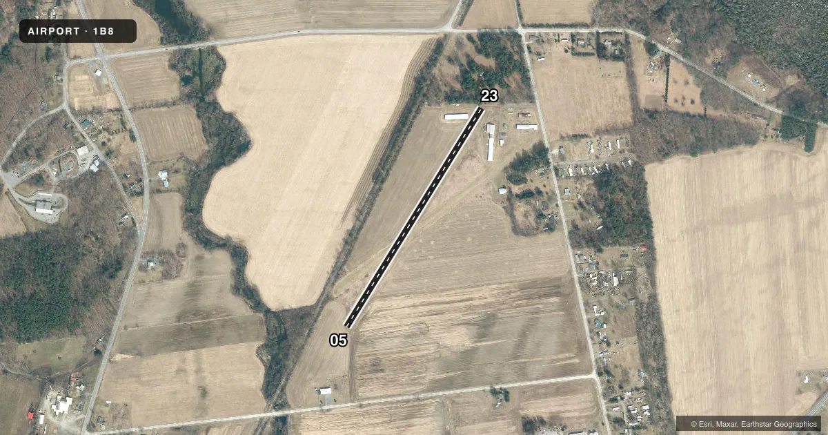 Top-down satellite sketch of 1B8 CHAPIN FLD in CAMBRIDGE, NEW YORK, showing runways 05/23 drawn to scale over Esri World Imagery