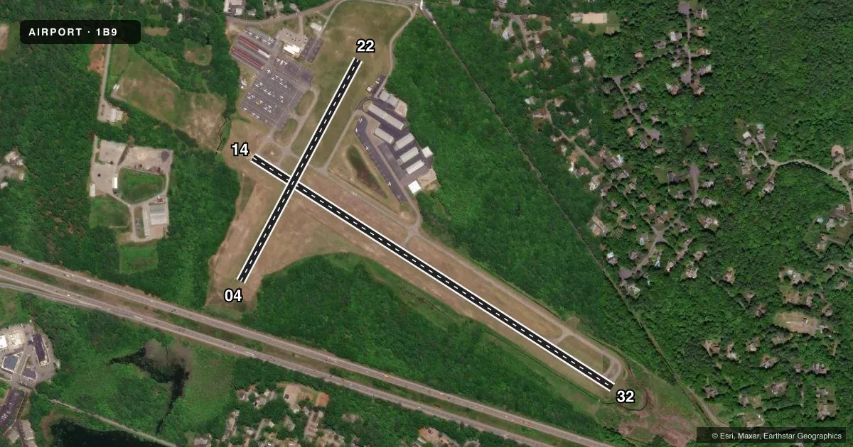 Top-down satellite sketch of 1B9 MANSFIELD MUNI in MANSFIELD, MASSACHUSETTS, showing runways 14/32, 04/22 drawn to scale over Esri World Imagery