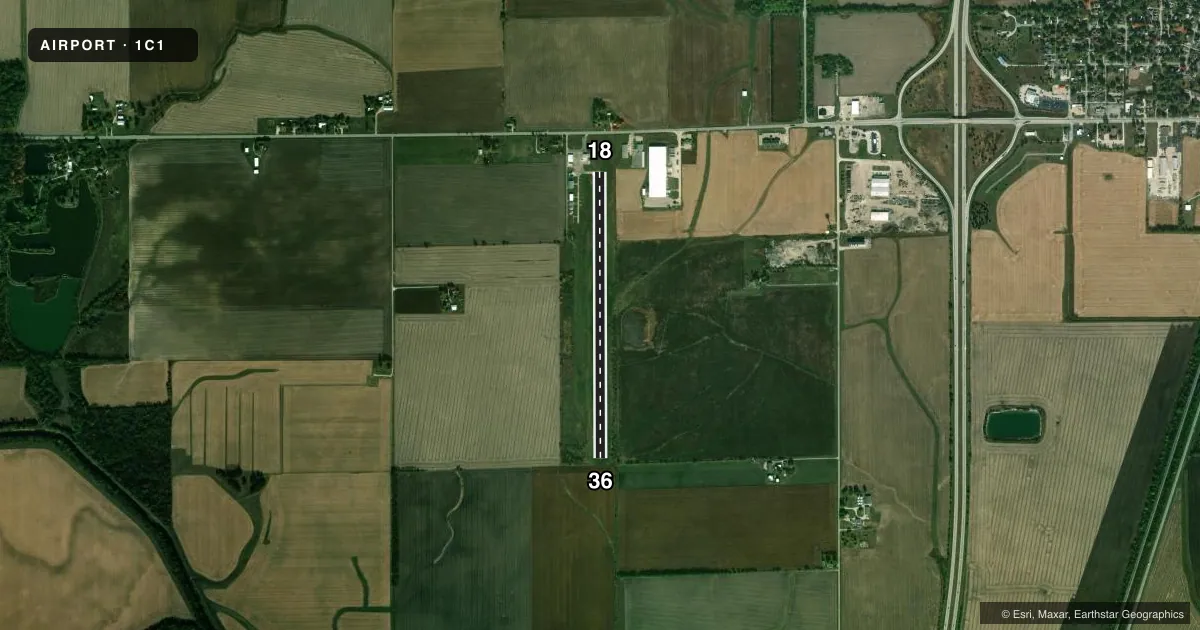 Top-down satellite sketch of 1C1 PAXTON in PAXTON, ILLINOIS, showing runways 18/36 drawn to scale over Esri World Imagery