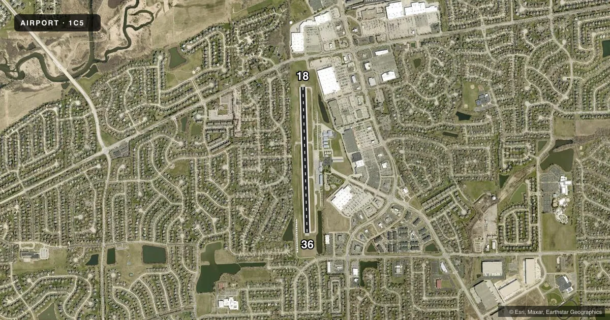 Top-down satellite sketch of 1C5 BOLINGBROOK'S CLOW INTL in BOLINGBROOK, ILLINOIS, showing runways 18/36 drawn to scale over Esri World Imagery