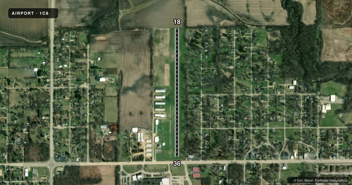 Top-down satellite sketch of 1C8 COTTONWOOD in ROCKFORD, ILLINOIS, showing runways 18/36 drawn to scale over Esri World Imagery