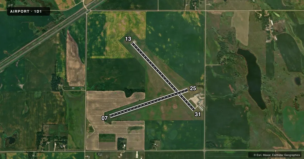 Top-down satellite sketch of 1D1 MILBANK MUNI in MILBANK, SOUTH DAKOTA, showing runways 13/31, 07/25 drawn to scale over Esri World Imagery