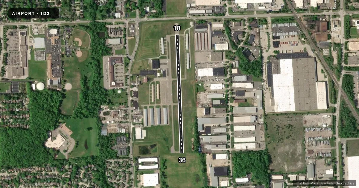 Top-down satellite sketch of 1D2 CANTON-PLYMOUTH-METTETAL in PLYMOUTH, MICHIGAN, showing runways 18/36 drawn to scale over Esri World Imagery