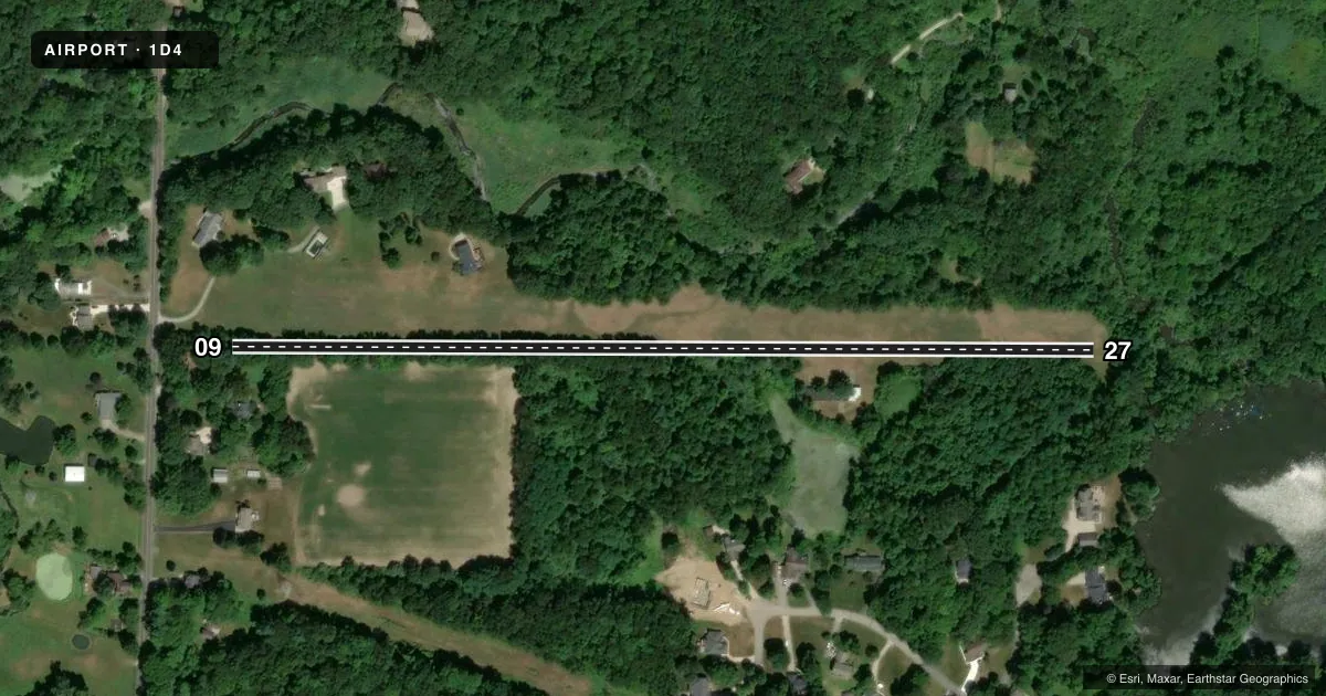 Top-down satellite sketch of 1D4 MAYFIELD in AKRON, OHIO, showing runways 09/27 drawn to scale over Esri World Imagery