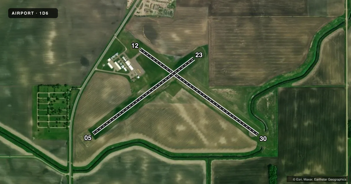 Top-down satellite sketch of 1D6 HECTOR MUNI in HECTOR, MINNESOTA, showing runways 12/30, 05/23 drawn to scale over Esri World Imagery