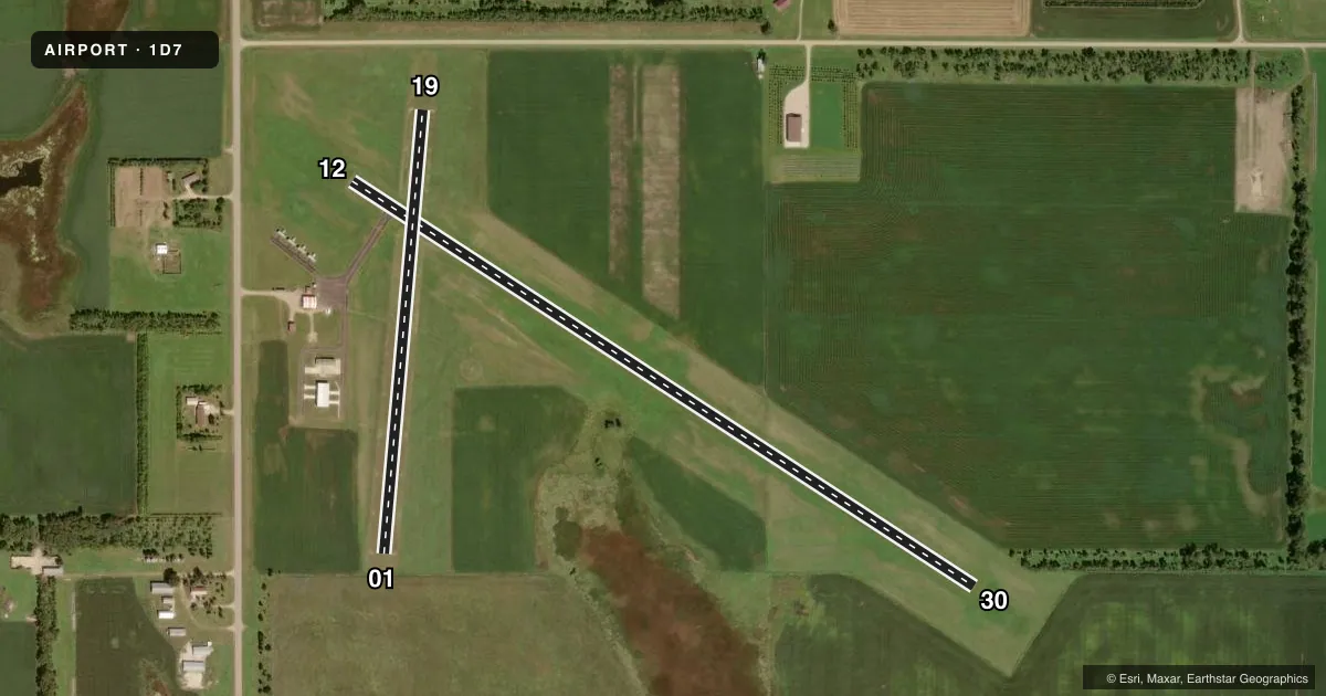 Top-down satellite sketch of 1D7 THE SIGURD ANDERSON in WEBSTER, SOUTH DAKOTA, showing runways 12/30, 01/19 drawn to scale over Esri World Imagery