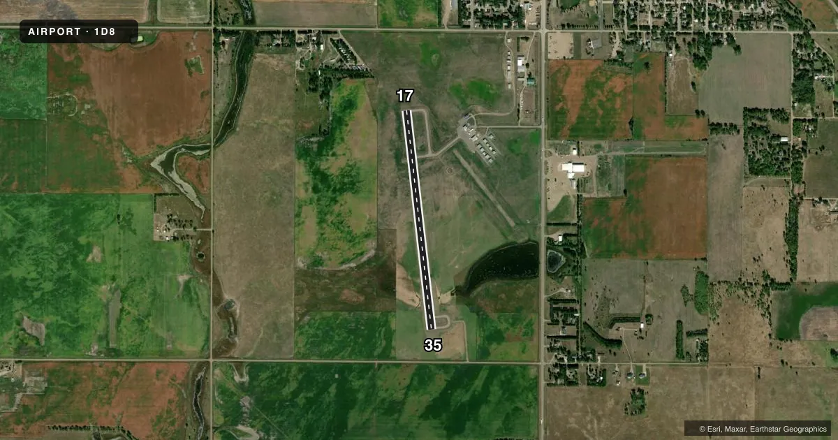 Top-down satellite sketch of 1D8 REDFIELD MUNI in REDFIELD, SOUTH DAKOTA, showing runways 17/35 drawn to scale over Esri World Imagery