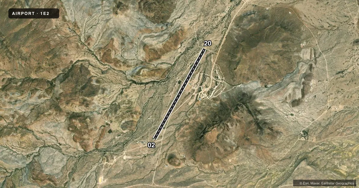 Top-down satellite sketch of 1E2 TERLINGUA RANCH in ALPINE, TEXAS, showing runways 02/20 drawn to scale over Esri World Imagery