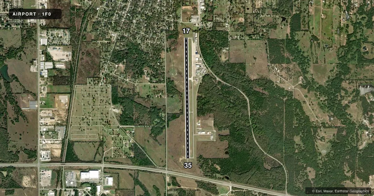 Top-down satellite sketch of 1F0 ARDMORE DOWNTOWN EXEC in ARDMORE, OKLAHOMA, showing runways 17/35 drawn to scale over Esri World Imagery