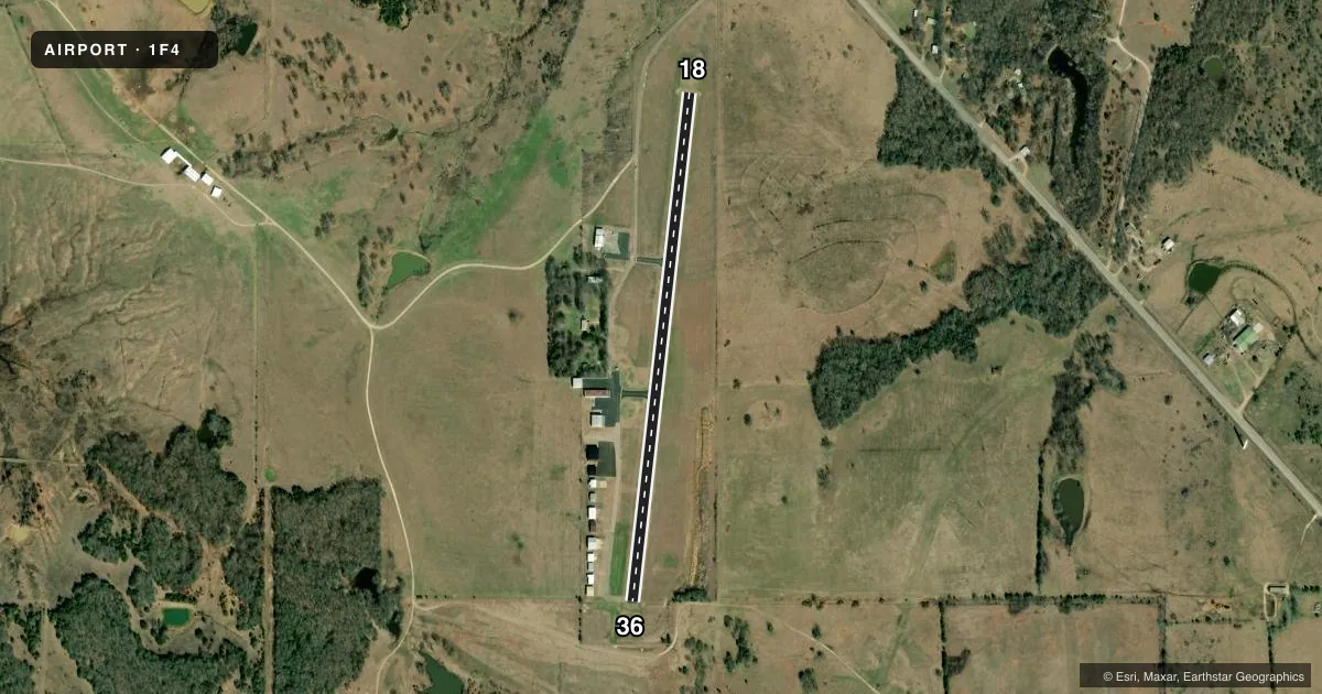 Top-down satellite sketch of 1F4 MADILL MUNI in MADILL, OKLAHOMA, showing runways 18/36 drawn to scale over Esri World Imagery