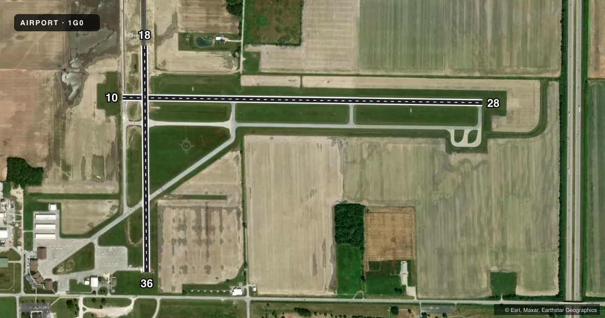 Top-down satellite sketch of 1G0 WOOD COUNTY RGNL in BOWLING GREEN, OHIO, showing runways 10/28, 18/36 drawn to scale over Esri World Imagery