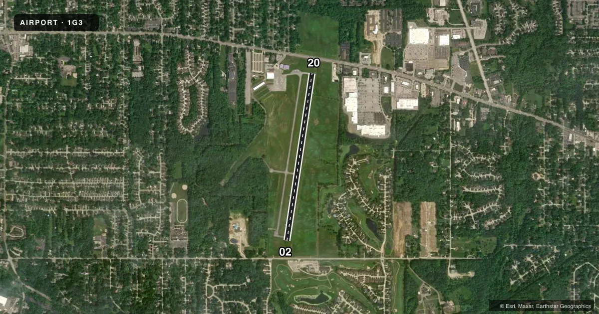 Top-down satellite sketch of 1G3 KENT STATE UNIVERSITY in KENT, OHIO, showing runways 02/20 drawn to scale over Esri World Imagery