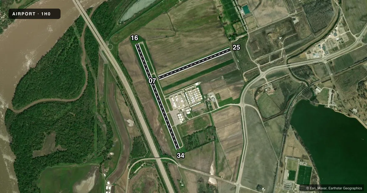 Top-down satellite sketch of 1H0 CREVE COEUR in ST LOUIS, MISSOURI, showing runways 16/34, 07/25 drawn to scale over Esri World Imagery