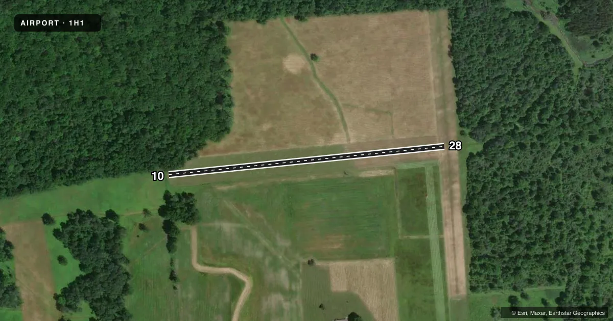 Top-down satellite sketch of 1H1 AIRLANE ENTERPRISES in CLAY, NEW YORK, showing runways 10/28 drawn to scale over Esri World Imagery