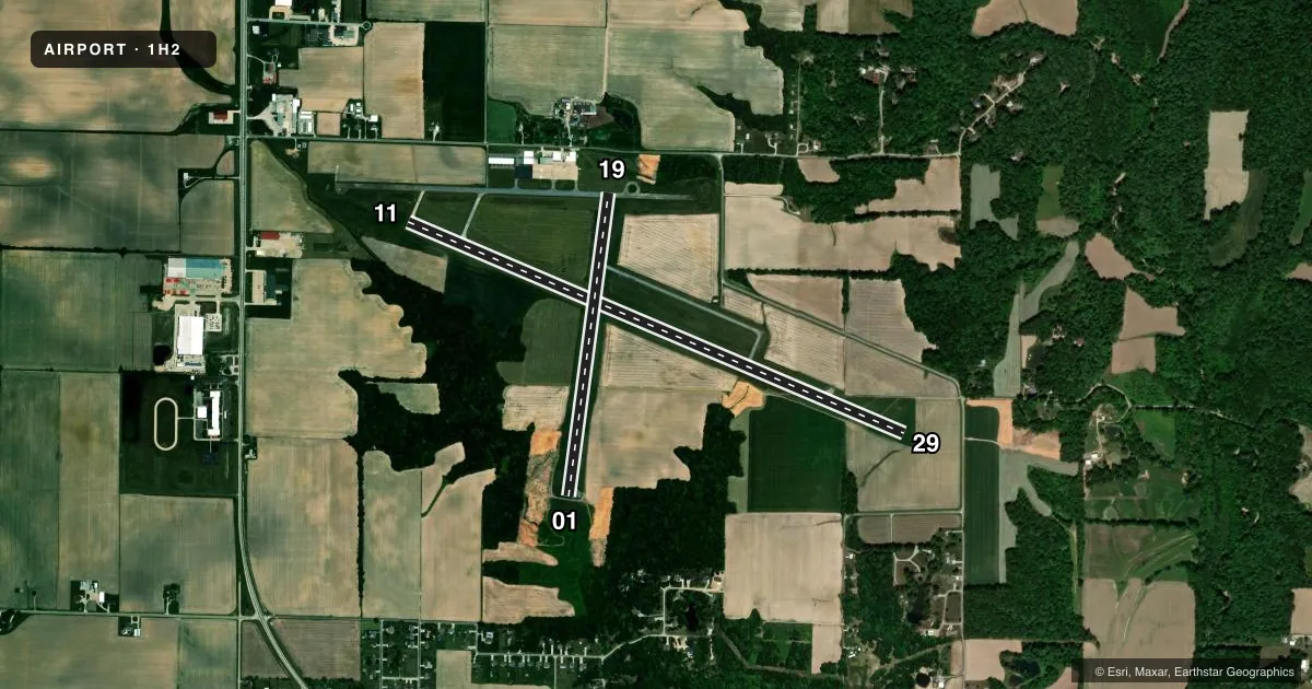 Top-down satellite sketch of 1H2 EFFINGHAM COUNTY RGNL in EFFINGHAM, ILLINOIS, showing runways 11/29, 01/19 drawn to scale over Esri World Imagery