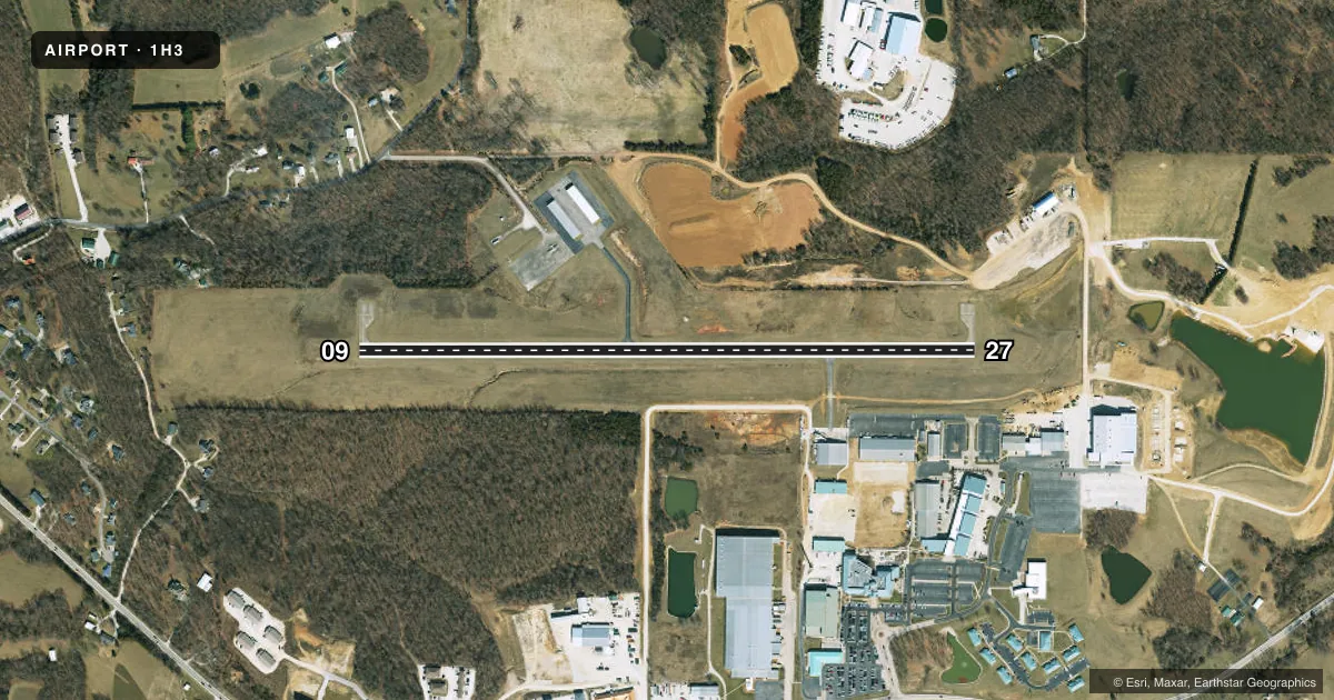 Top-down satellite sketch of 1H3 STATE TECHNICAL COLLEGE OF MISSOURI in LINN, MISSOURI, showing runways 09/27 drawn to scale over Esri World Imagery