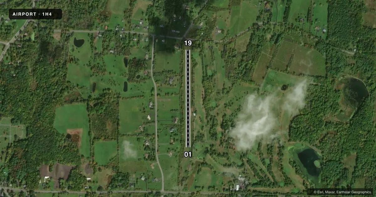 Top-down satellite sketch of 1H4 GREENVILLE-RAINBOW in GREENVILLE, NEW YORK, showing runways 01/19 drawn to scale over Esri World Imagery