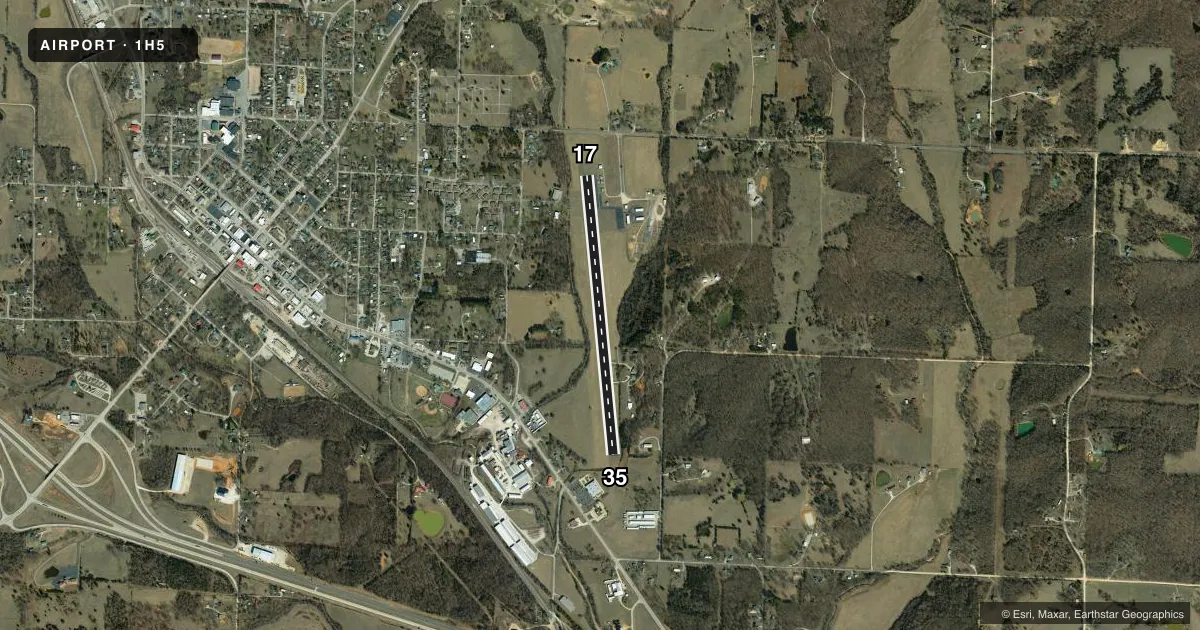 Top-down satellite sketch of 1H5 WILLOW SPRINGS MEML in WILLOW SPRINGS, MISSOURI, showing runways 17/35 drawn to scale over Esri World Imagery