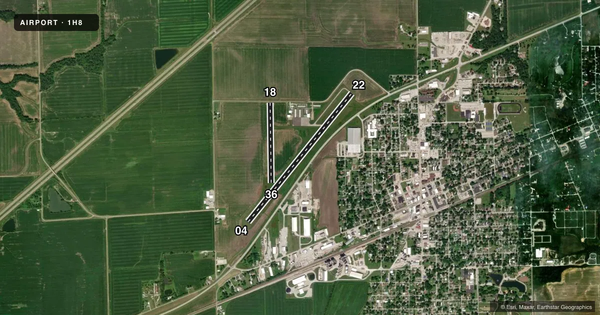Top-down satellite sketch of 1H8 CASEY MUNI in CASEY, ILLINOIS, showing runways 04/22, 18/36 drawn to scale over Esri World Imagery