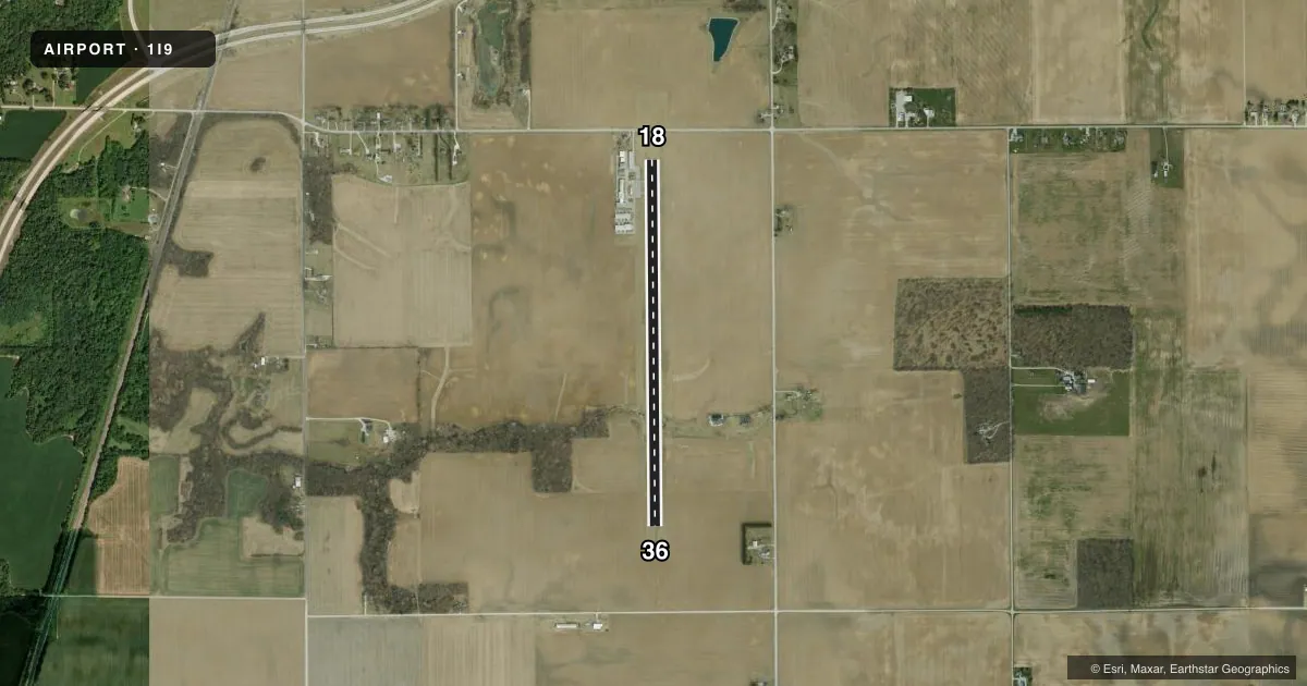 Top-down satellite sketch of 1I9 DELPHI MUNI in DELPHI, INDIANA, showing runways 18/36 drawn to scale over Esri World Imagery