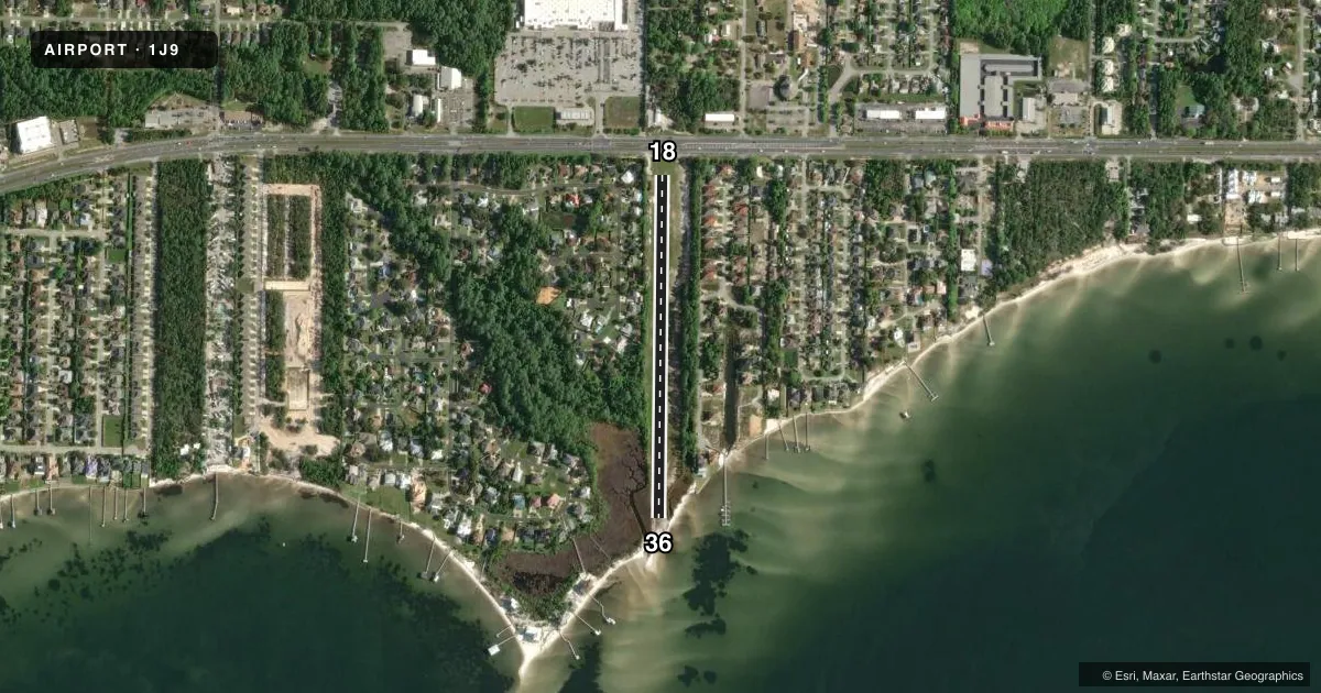 Top-down satellite sketch of 1J9 FORT WALTON BEACH in NAVARRE, FLORIDA, showing runways 18/36 drawn to scale over Esri World Imagery