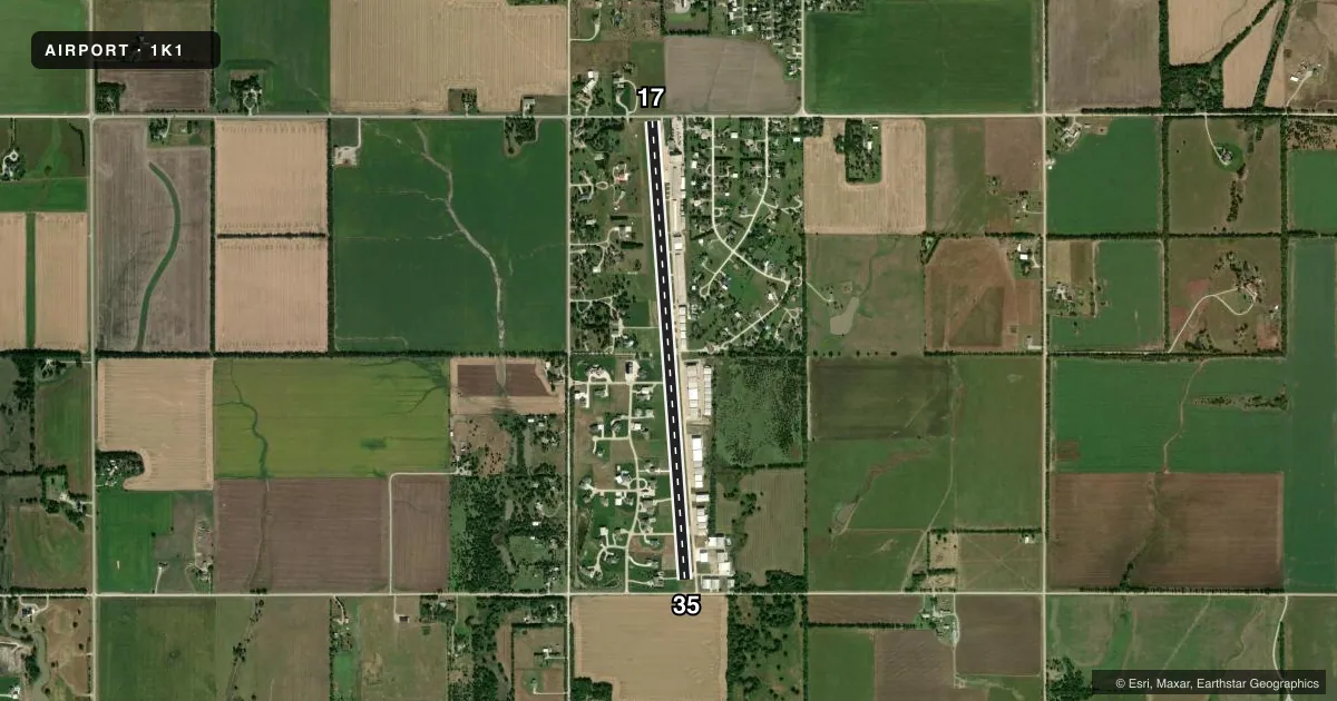 Top-down satellite sketch of 1K1 LLOYD STEARMAN FLD in BENTON, KANSAS, showing runways 17/35 drawn to scale over Esri World Imagery