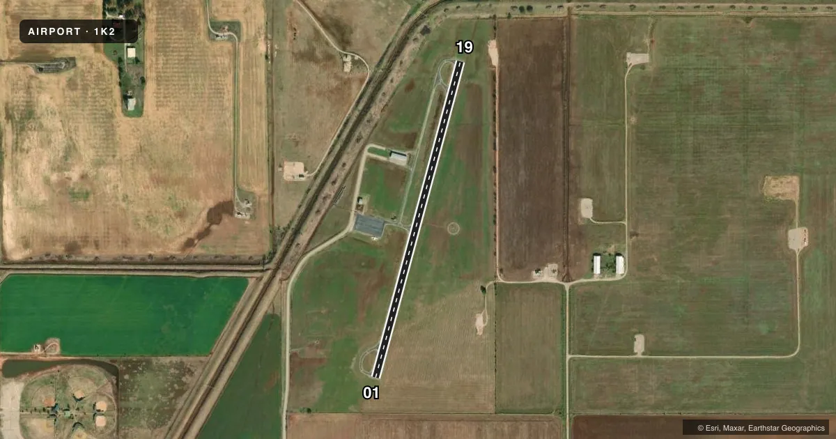 Top-down satellite sketch of 1K2 LINDSAY MUNI in LINDSAY, OKLAHOMA, showing runways 01/19 drawn to scale over Esri World Imagery