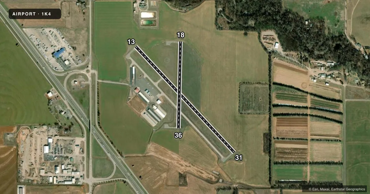 Top-down satellite sketch of 1K4 DAVID JAY PERRY in GOLDSBY, OKLAHOMA, showing runways 13/31, 18/36 drawn to scale over Esri World Imagery
