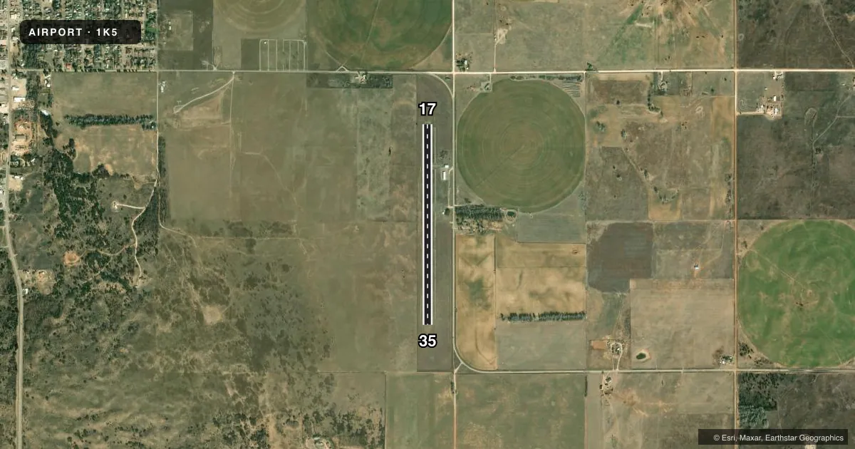 Top-down satellite sketch of 1K5 WAYNOKA MUNI in WAYNOKA, OKLAHOMA, showing runways 17/35 drawn to scale over Esri World Imagery