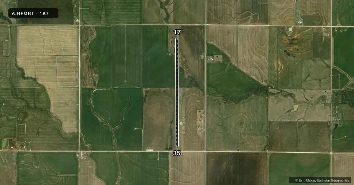 Top-down satellite sketch of 1K7 FREDONIA in FREDONIA, KANSAS, showing runways 17/35 drawn to scale over Esri World Imagery