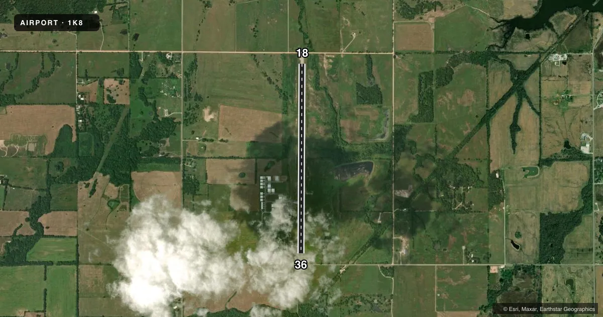 Top-down satellite sketch of 1K8 SOUTH GRAND LAKE RGNL in KETCHUM, OKLAHOMA, showing runways 18/36 drawn to scale over Esri World Imagery