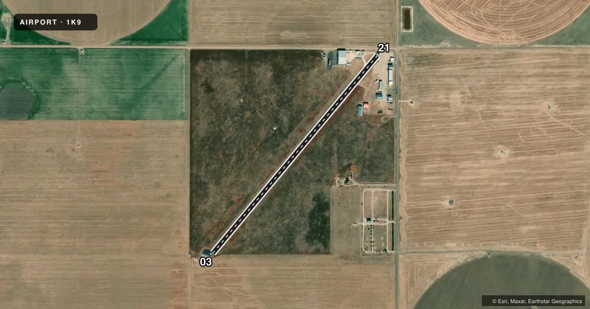 Top-down satellite sketch of 1K9 SATANTA MUNI in SATANTA, KANSAS, showing runways 03/21 drawn to scale over Esri World Imagery