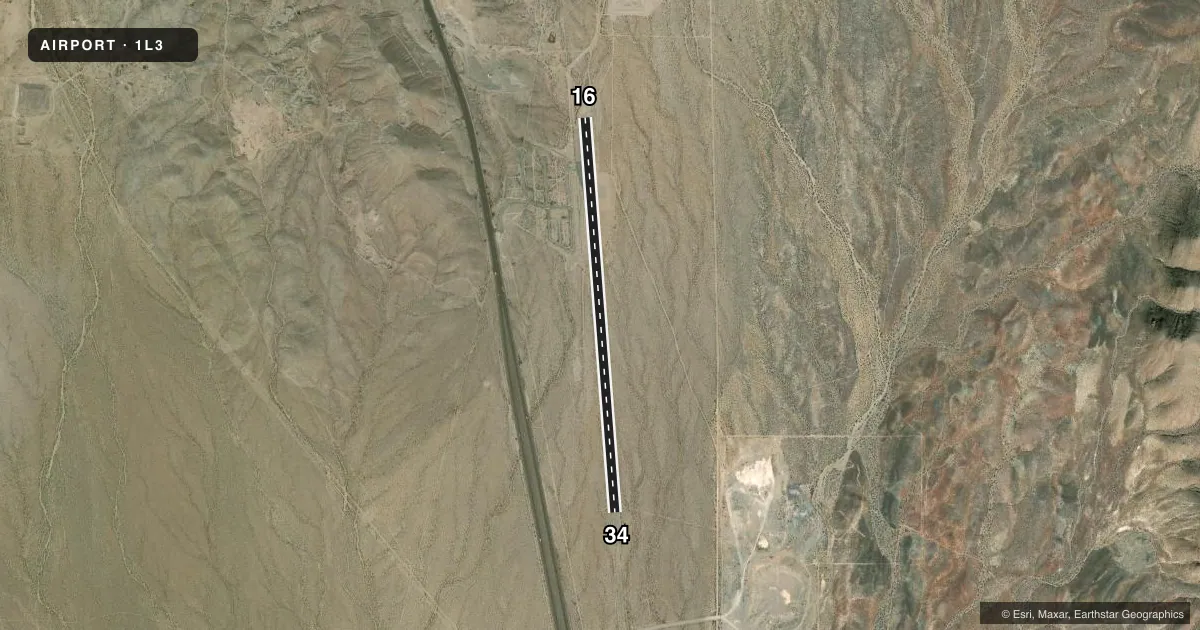 Top-down satellite sketch of 1L3 SEARCHLIGHT in SEARCHLIGHT, NEVADA, showing runways 16/34 drawn to scale over Esri World Imagery