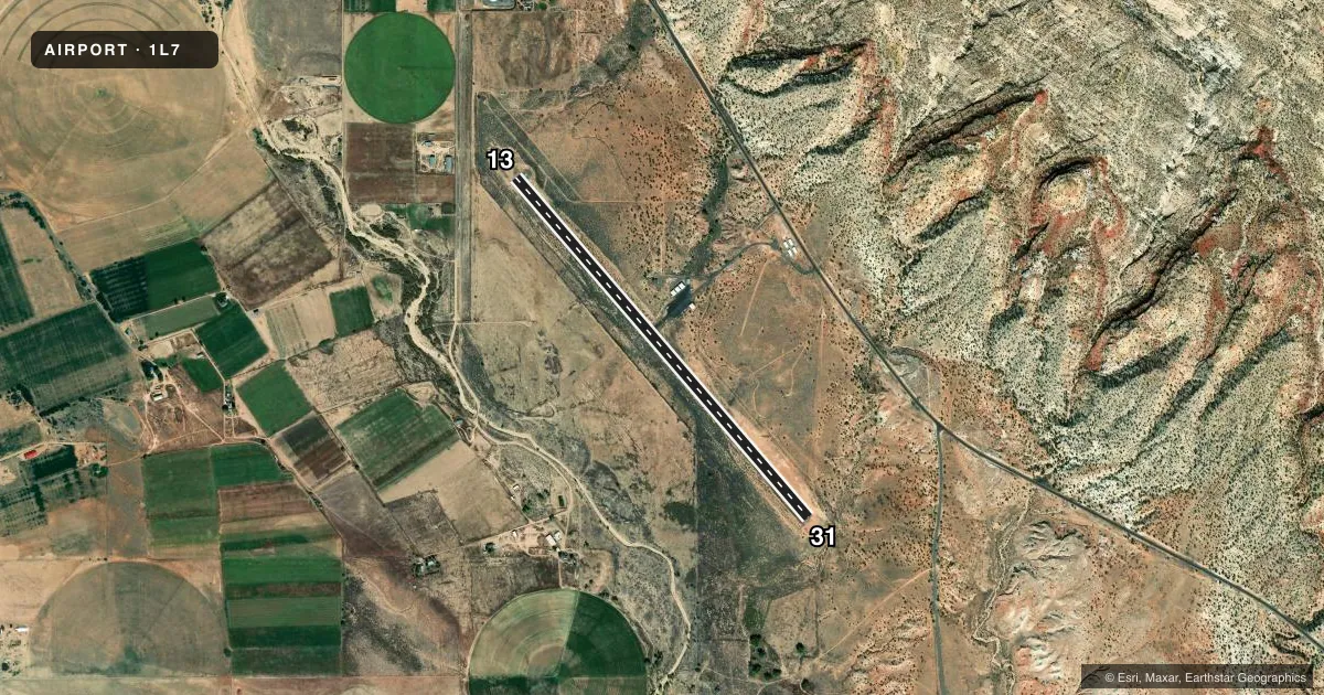 Top-down satellite sketch of 1L7 ESCALANTE MUNI in ESCALANTE, UTAH, showing runways 13/31 drawn to scale over Esri World Imagery